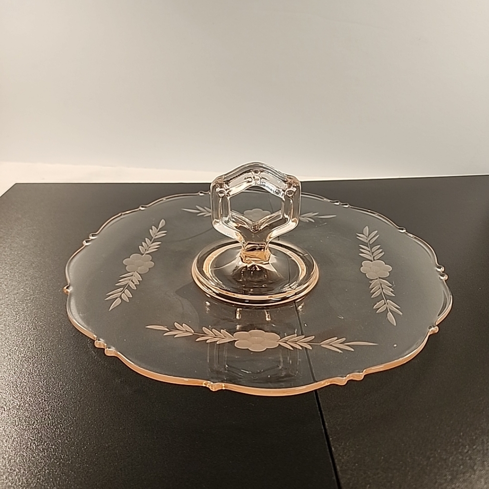 Vtg Pink Floral Etched Depression Glass Center Handle Dessert Tidbit Tray Round